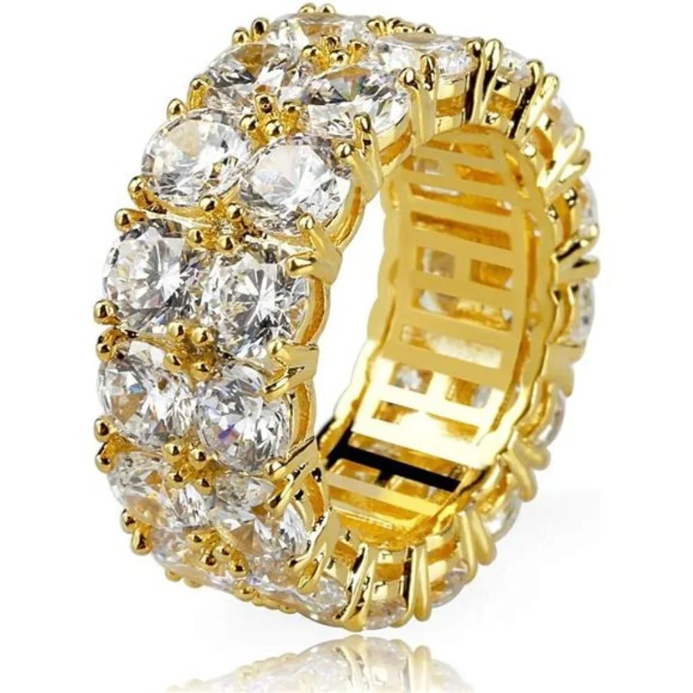 👉 9mm 2Rows Round Cut 14K Silver Plated Iced Out Lab Diamond Bands Ring